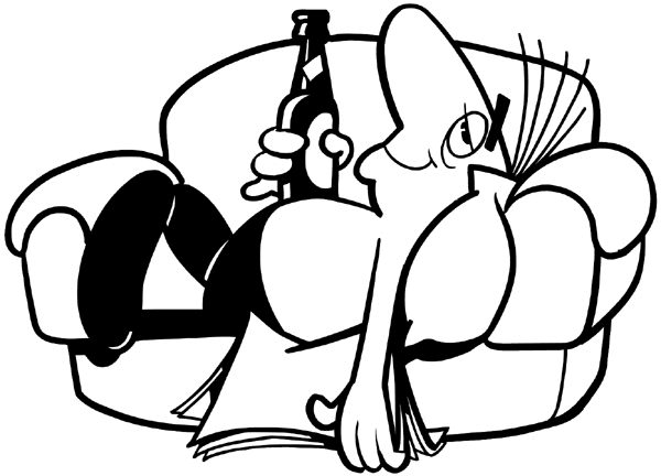Man laying on couch with bottle of beer vinyl sticker. Customize on line. People 069-0474